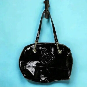 Anne Klein Patent Black Embossed Lion with Gold Accent Purse